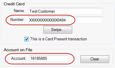 The Credit Card and Account on File sections displaying the token information.